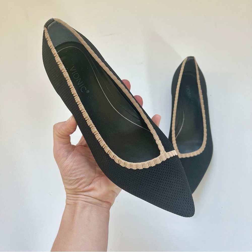 Vionic Dahlia Supportive Pointed Toe Ballerina Skimmer Knit Flats Black Sz 7